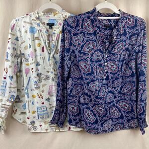 Talbots Ruffle Trim Popover Blouse Cotton Shirt Paris Paisley Petite Medium